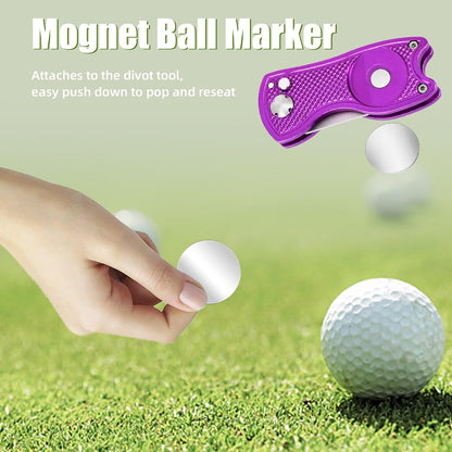 Golf Divot Repair Tool, All Metal Foldable Divot Tool with Pop-Up Button & Magnetic Ball Marker, 2-6 Pack