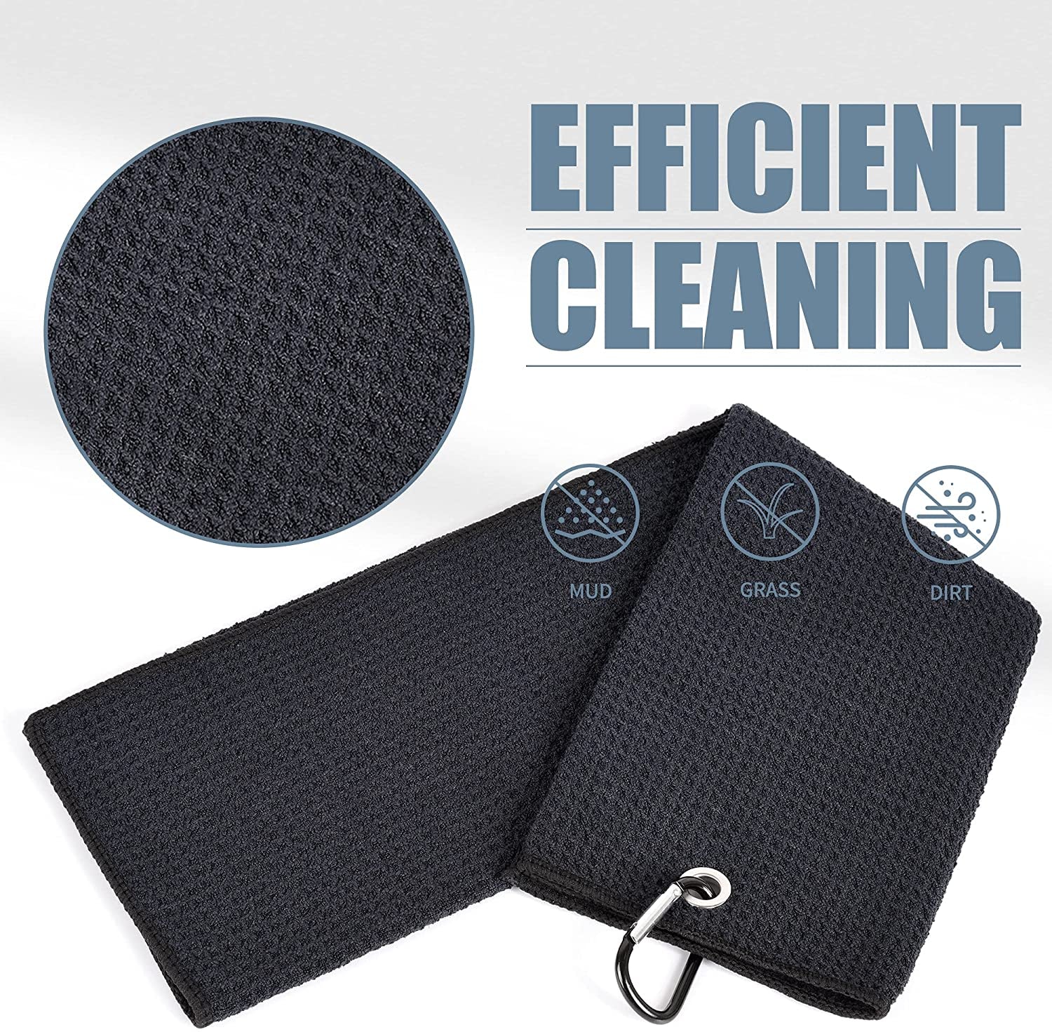Tri-Fold Golf Towel | 16" X 24" | Premium Microfiber Fabric | Waffle Pattern | with Heavy Duty Carabiner Clip | for Men and Women (Black)
