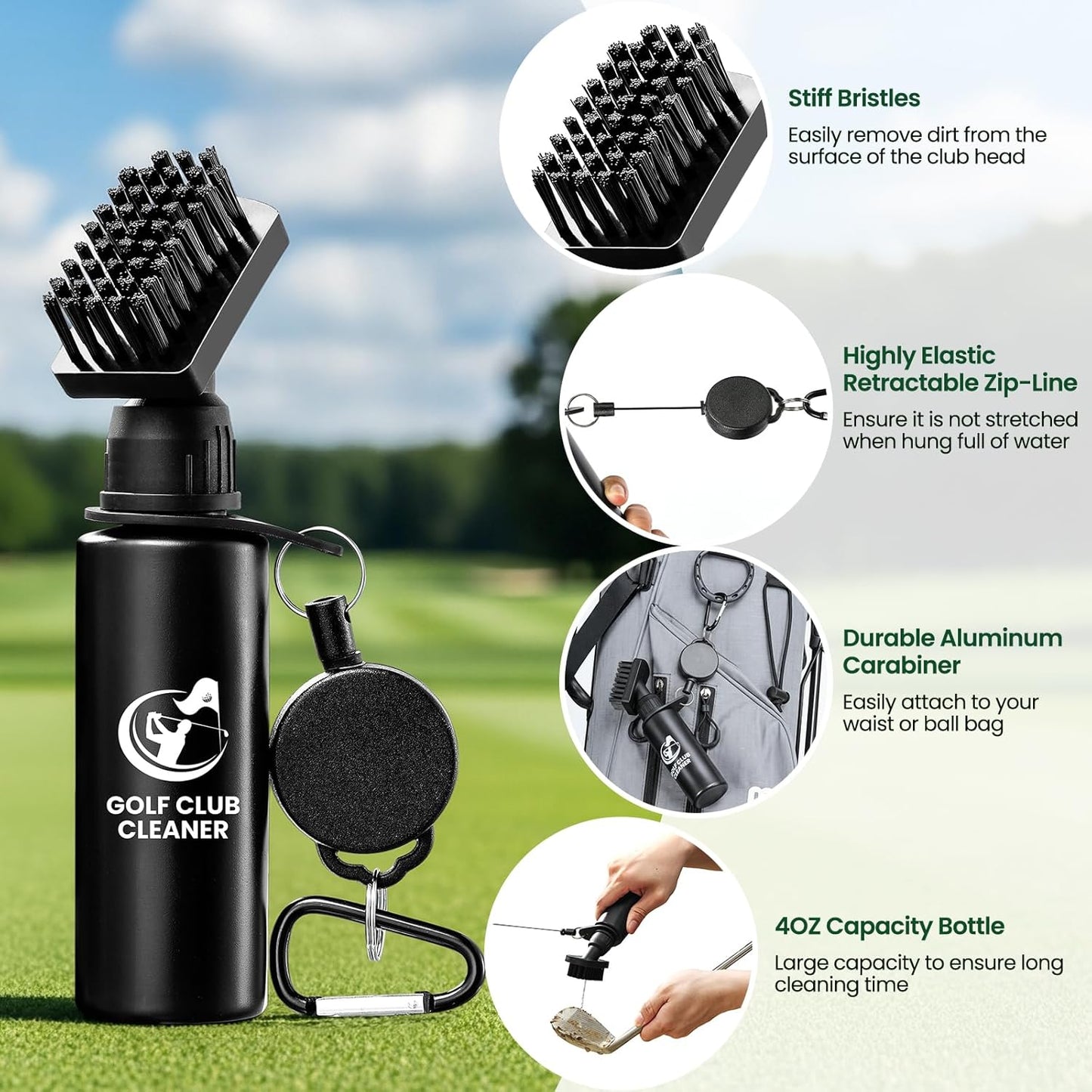 Golf Club Brush Cleaner with Groove Sharpener, Includes 3 Replacement Brush Heads and 2 Retractable Clips, Essential Golf Accessories for Men, Ideal Golf Gifts, Complete Golf Cleaning Kit
