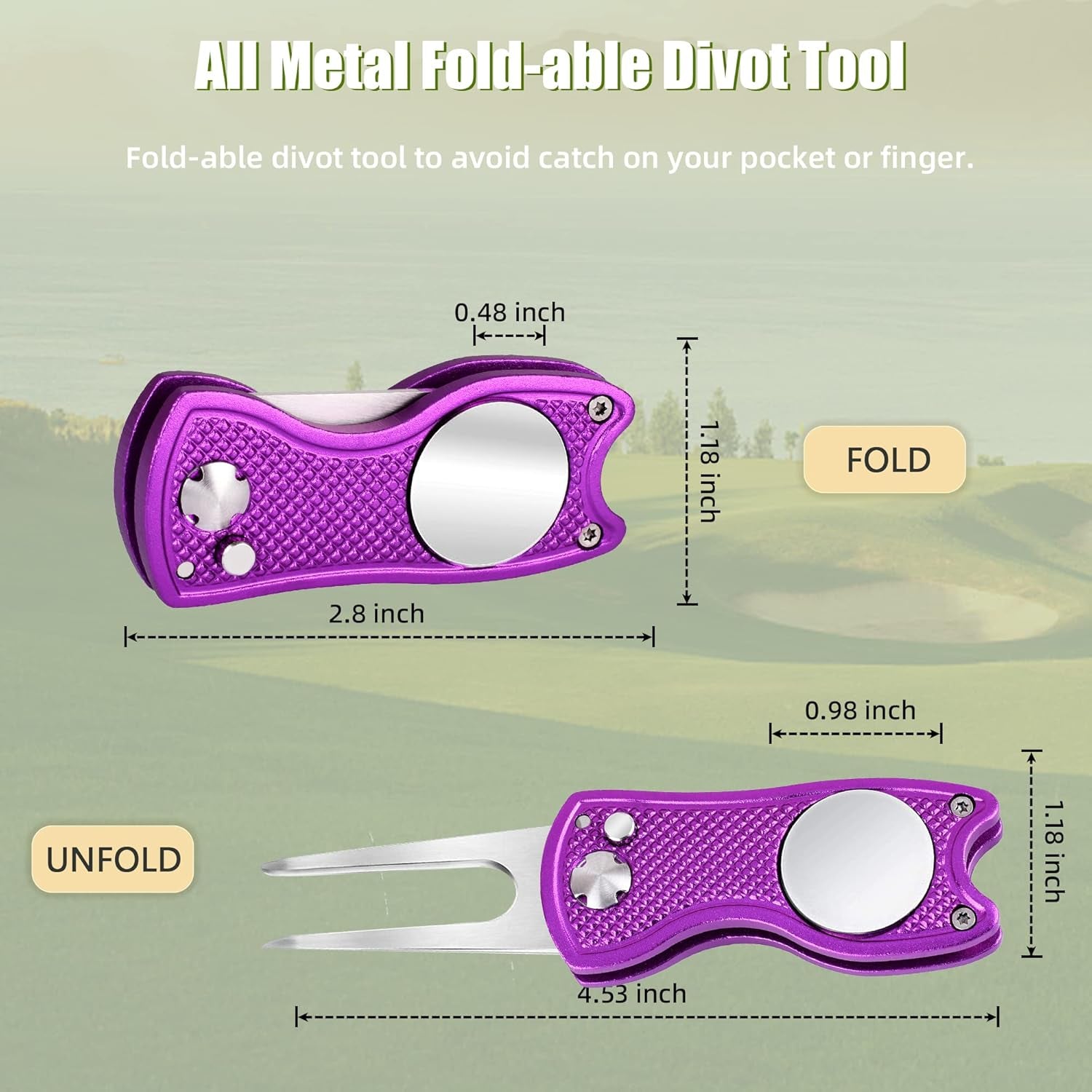 Golf Divot Repair Tool, All Metal Foldable Divot Tool with Pop-Up Button & Magnetic Ball Marker, 2-6 Pack