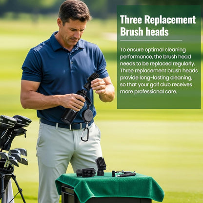 Golf Club Brush Cleaner with Groove Sharpener, Includes 3 Replacement Brush Heads and 2 Retractable Clips, Essential Golf Accessories for Men, Ideal Golf Gifts, Complete Golf Cleaning Kit