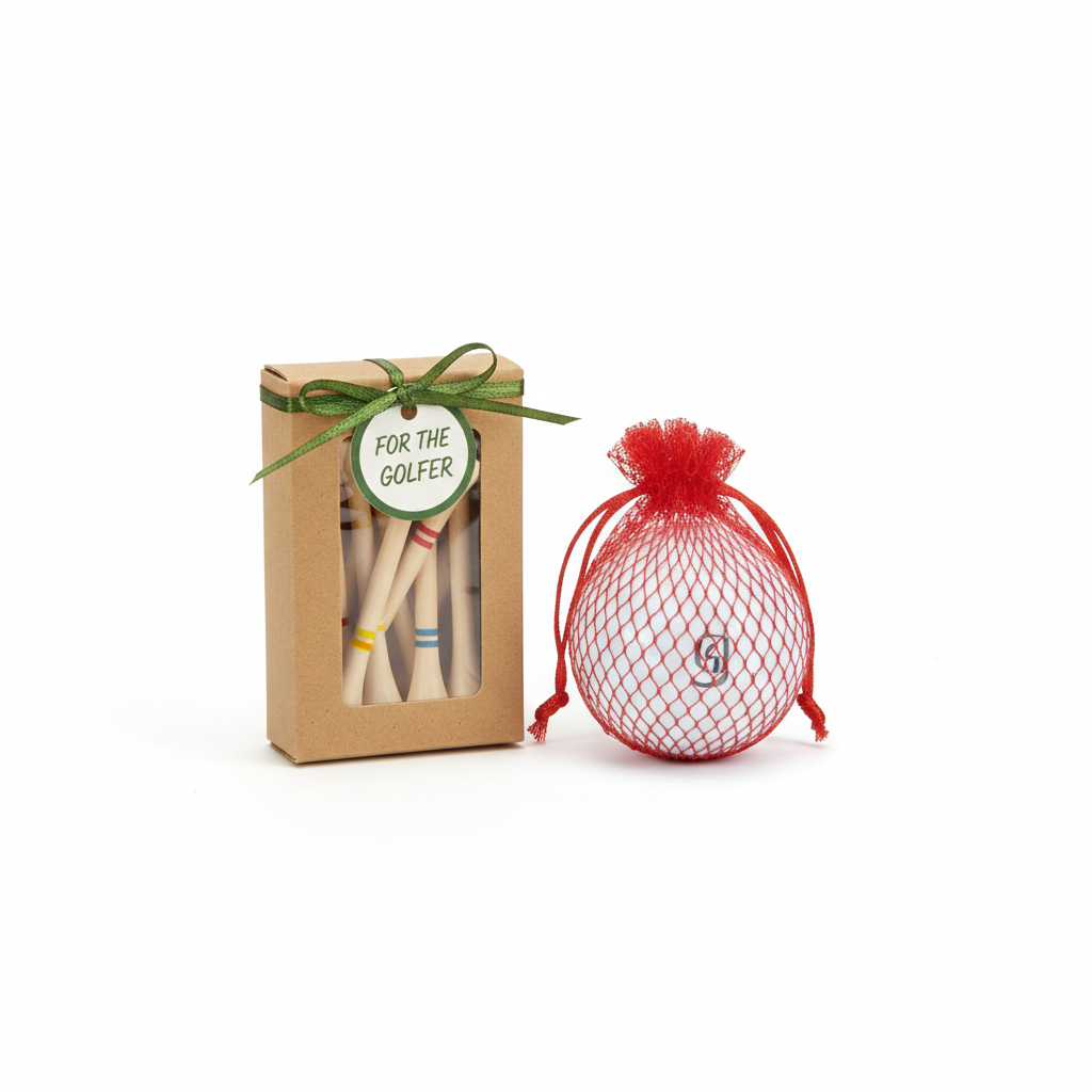 Wooden golf tees packaged as gift with golf ball on white background
