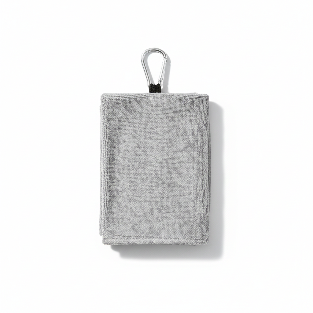 Flat lay of microfiber golf towel with carabiner clip on white background