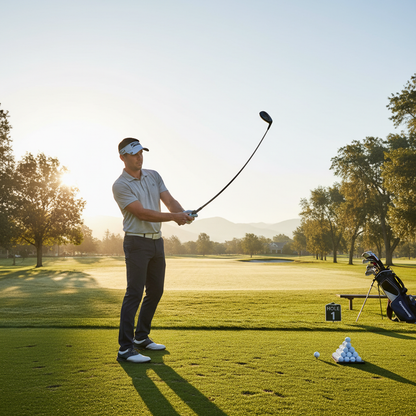 Golfer warming up with swing trainer on first tee on sunny morning