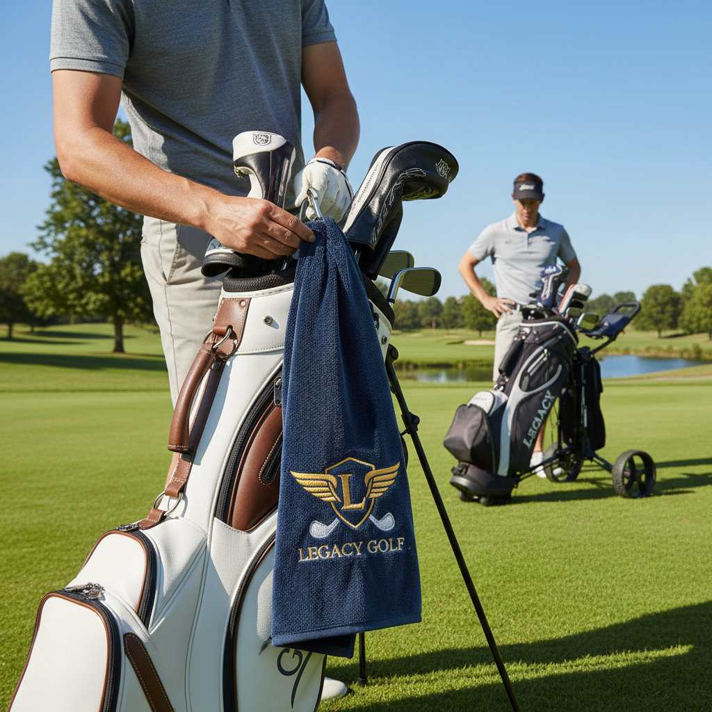 Golfer clipping premium golf towel onto bag on sunny golf course