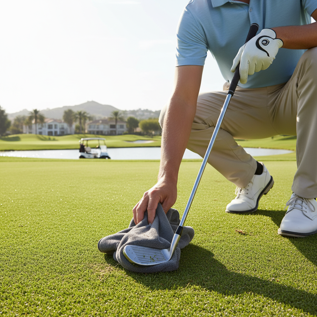 Golfer wiping golf club with microfiber towel on fairway