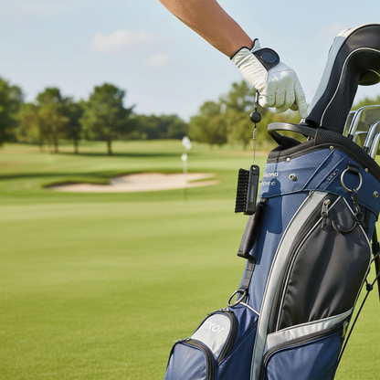 Golf club brush clipped to golf bag with retractable clip on course