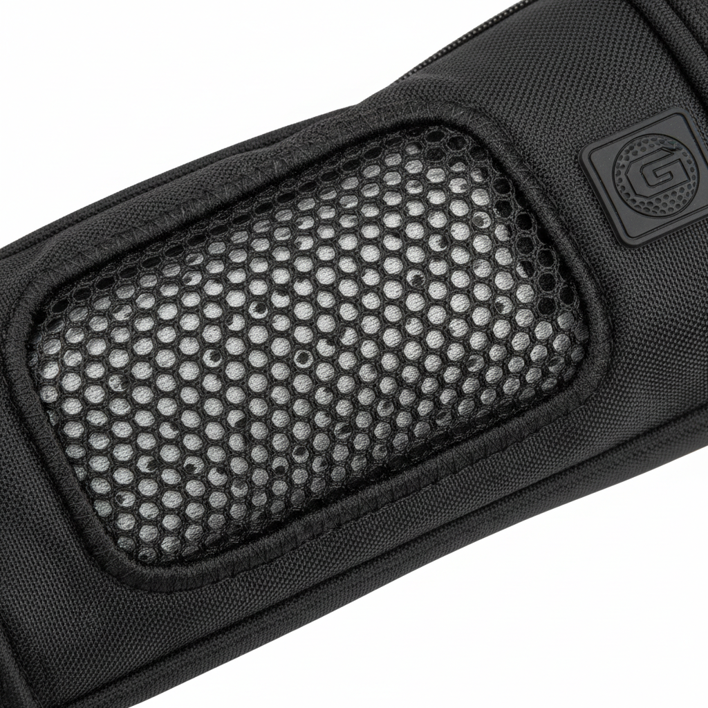 Close-up of ventilation mesh panel on black golf shoe bag