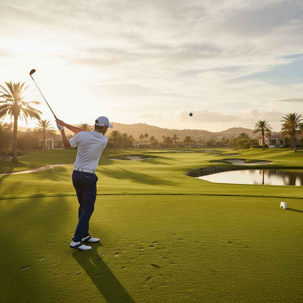 Golfer hitting iron shot at golden hour on premium golf course