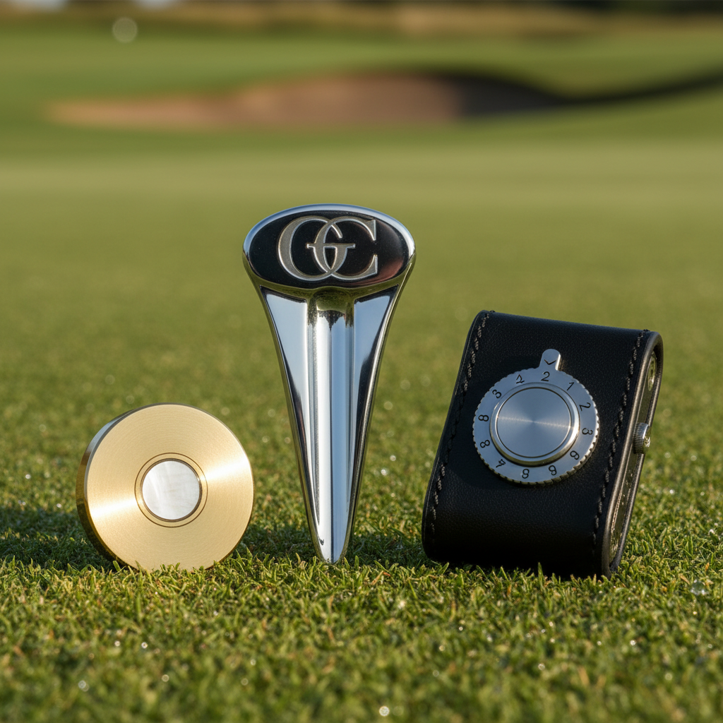 Close-up of premium golf accessories divot tool, ball marker, and scorer on green