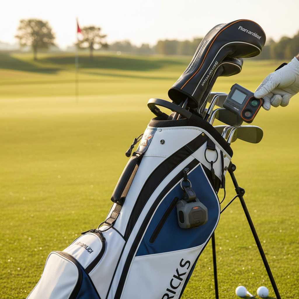 Golf rangefinder clipped to golf bag pocket on sunny course