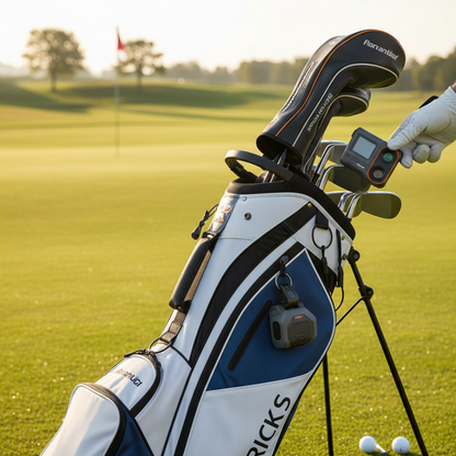 Golf rangefinder clipped to golf bag pocket on sunny course