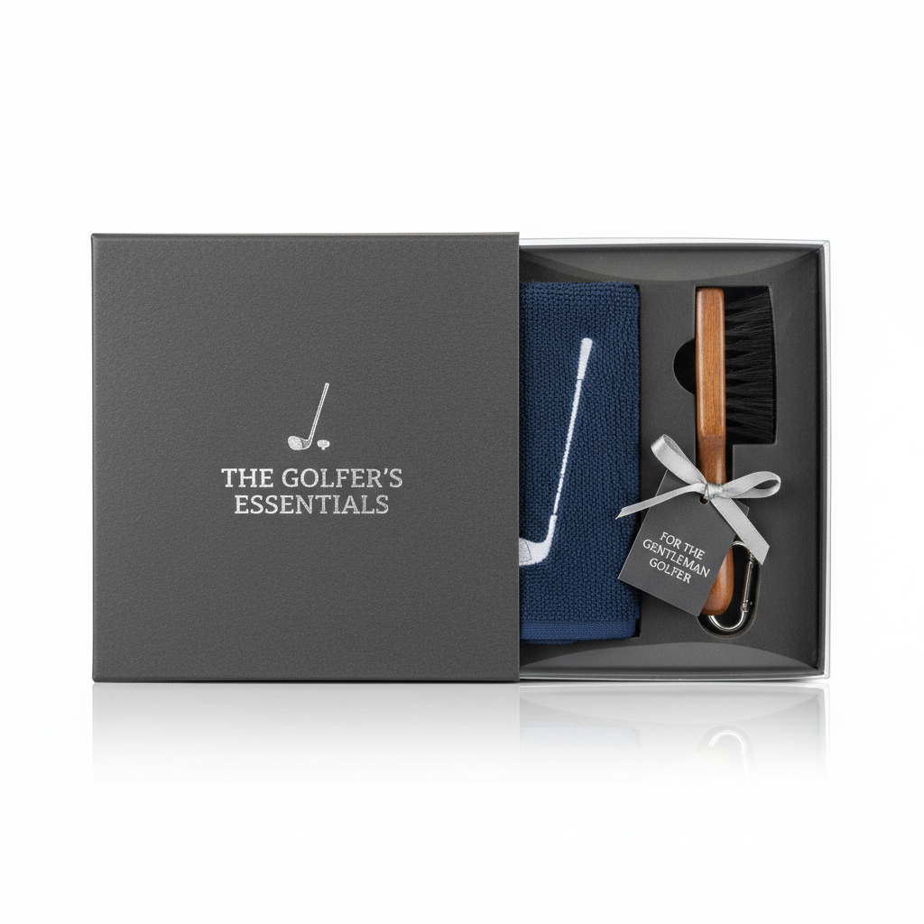 Waffle golf towel and brush kit presented as gift in box