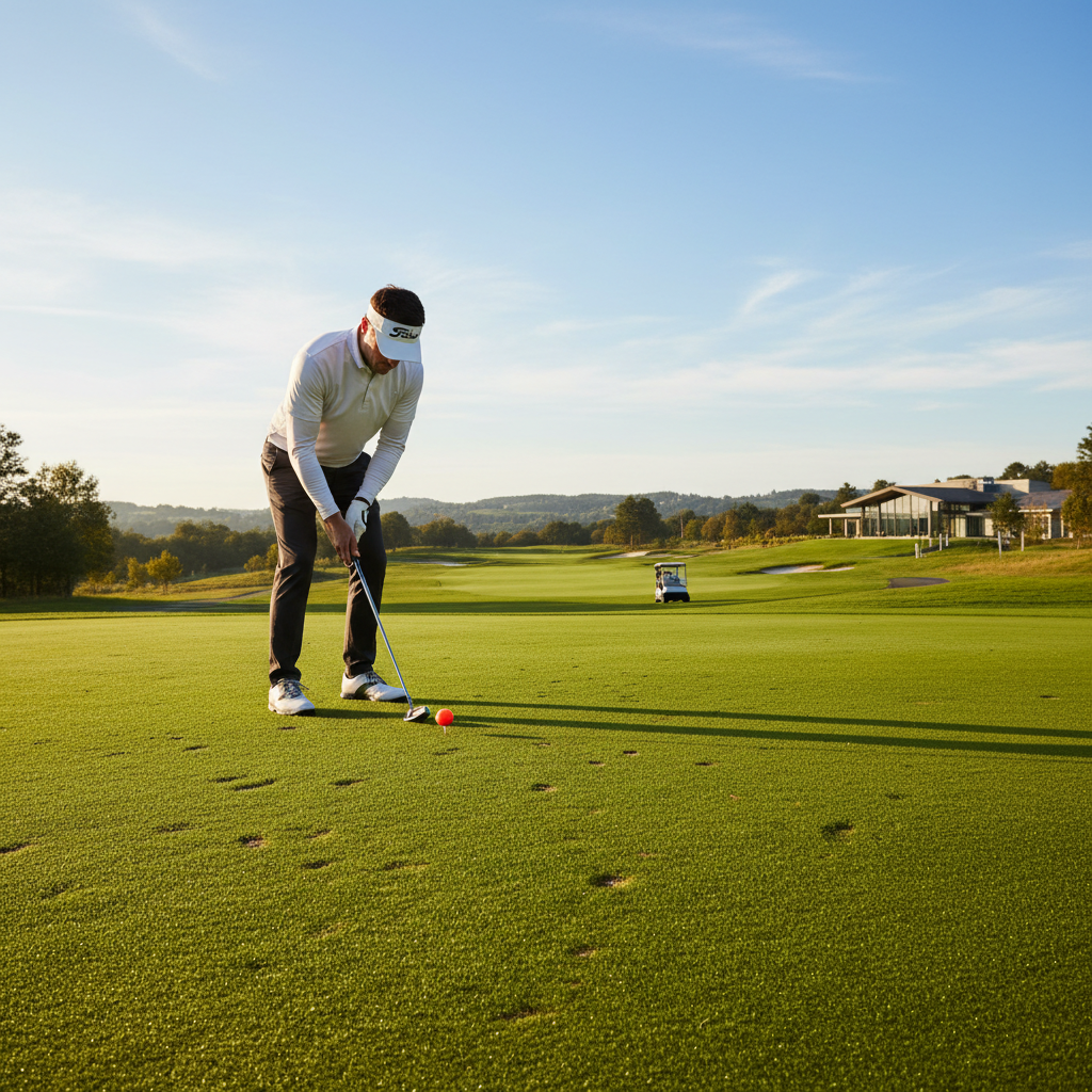 Golfer teeing up bright colored golf ball on lush fairway