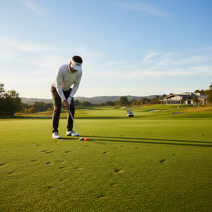 Golfer teeing up bright colored golf ball on lush fairway