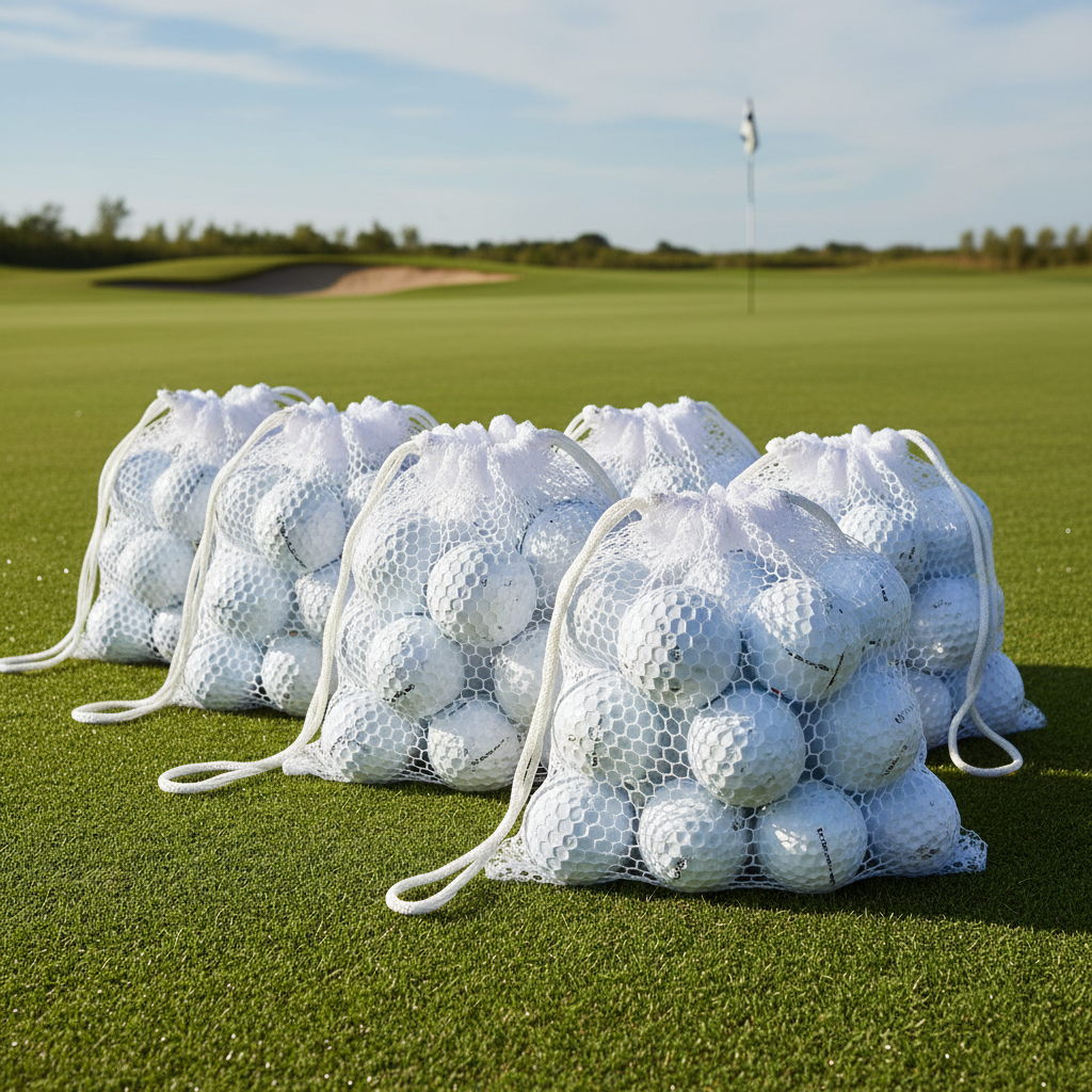 Nylon mesh drawstring golf ball storage bags filled with golf balls