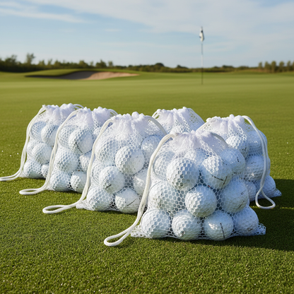 Nylon mesh drawstring golf ball storage bags filled with golf balls
