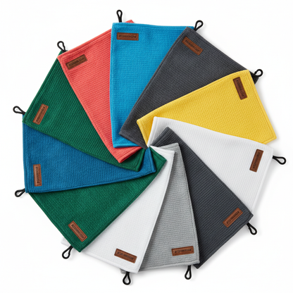 Microfiber golf towel shown in multiple color options on white background