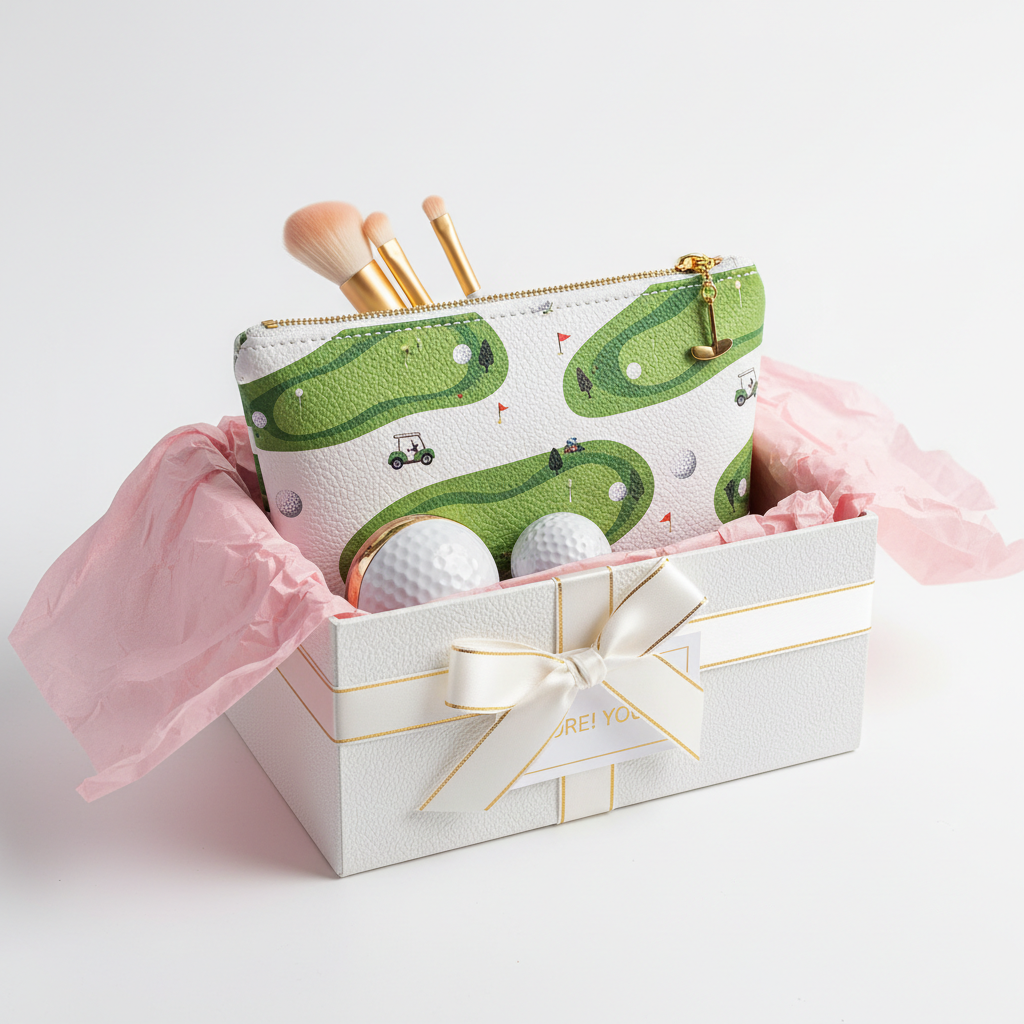 Golf-themed makeup bag presented as gift in pink box with tissue paper