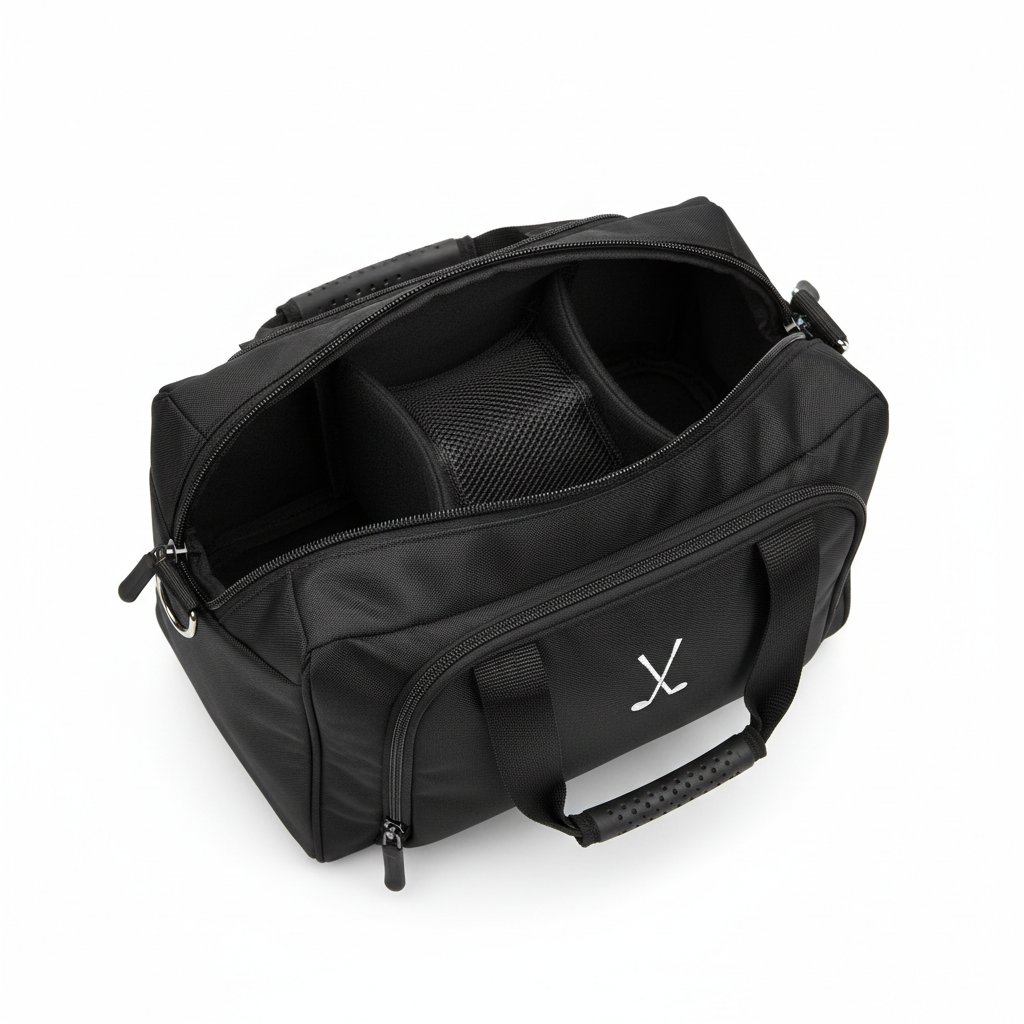 Golf shoe bag open flat lay showing interior and external pocket