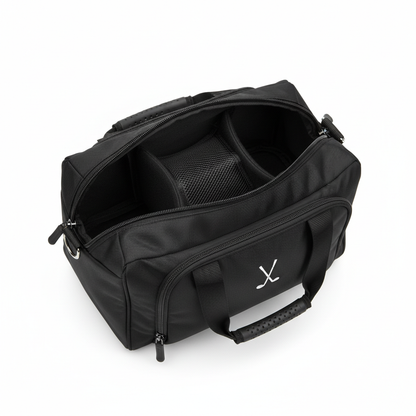 Golf shoe bag open flat lay showing interior and external pocket
