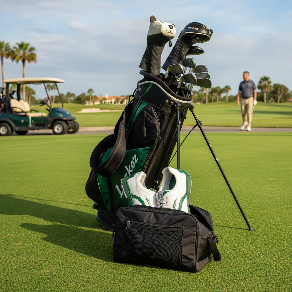 Golf shoes being placed into shoe bag next to golf bag on course