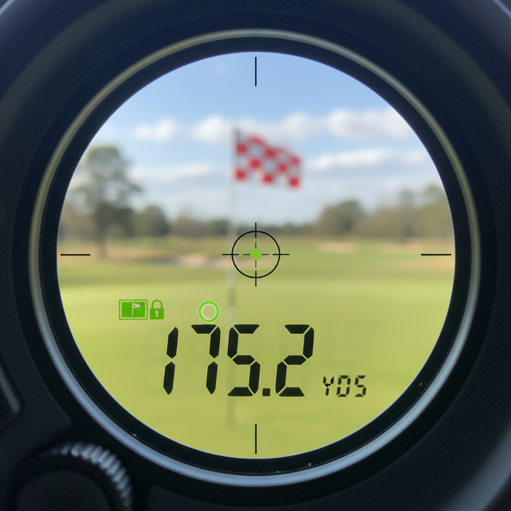 Golf rangefinder display showing yardage reading through lens