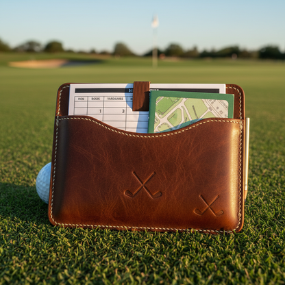 Premium leather golf scorecard holder on golf course