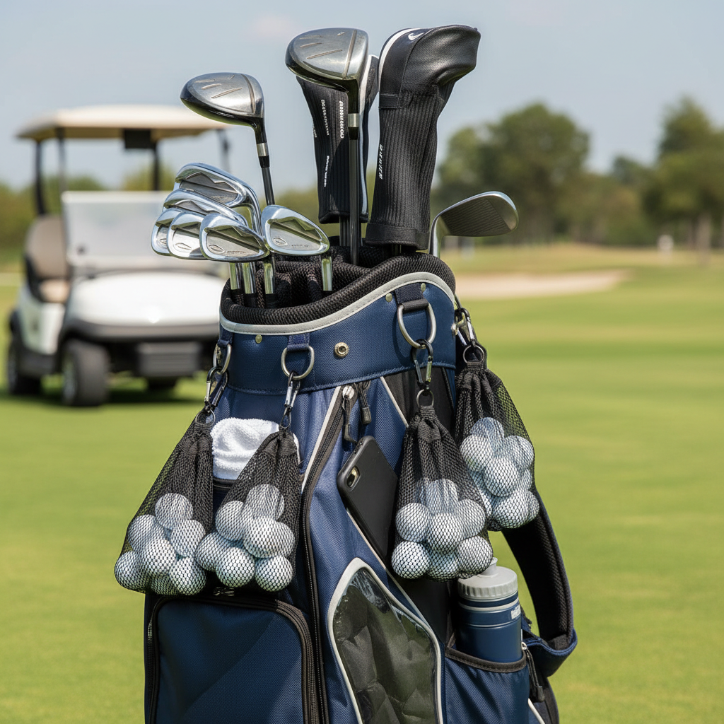 Organized golf bag with mesh ball pouches showing storage system