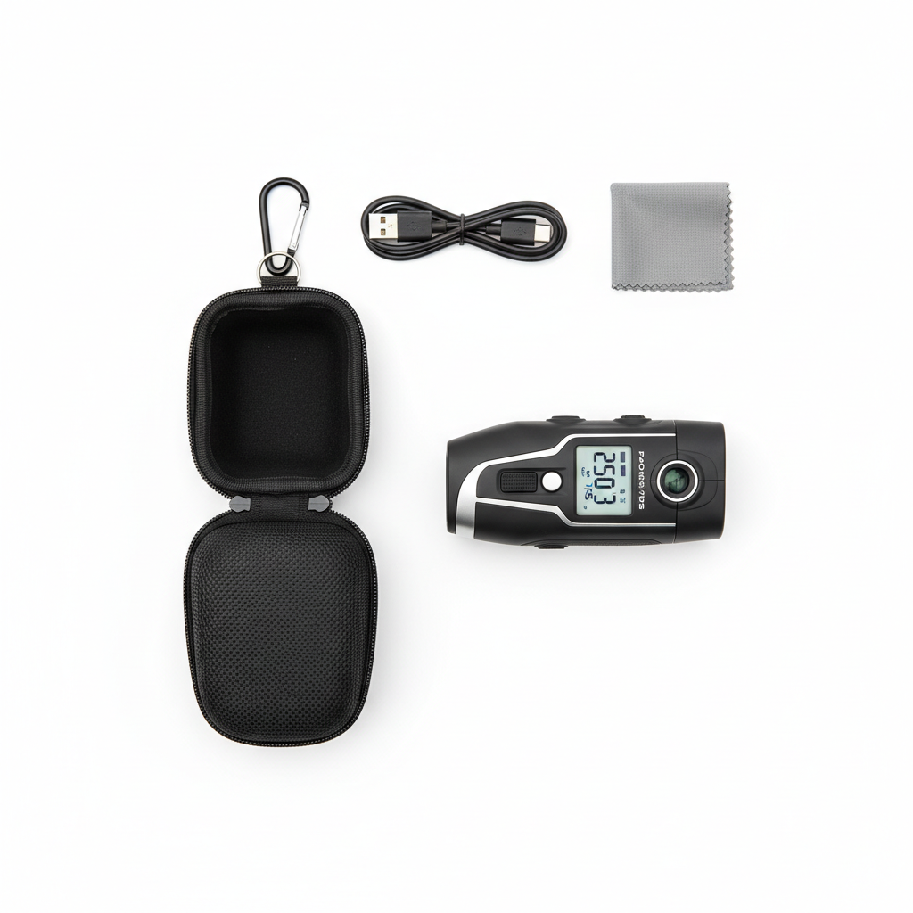 Golf rangefinder with case and accessories flat lay on white background