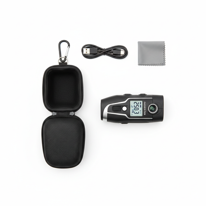 Golf rangefinder with case and accessories flat lay on white background