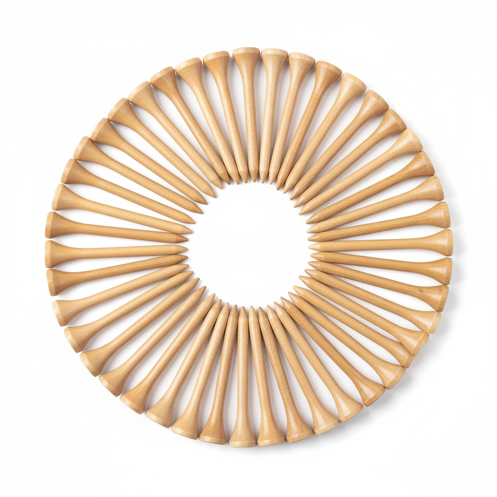 100 wooden golf tees spread out flat lay on white background