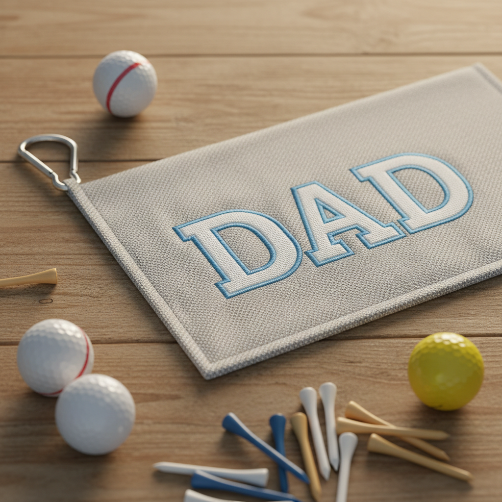 Flat lay of Dad golf towel with carabiner clip, golf balls and tees