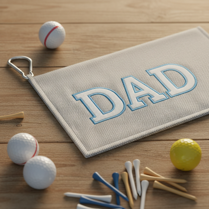 Flat lay of Dad golf towel with carabiner clip, golf balls and tees