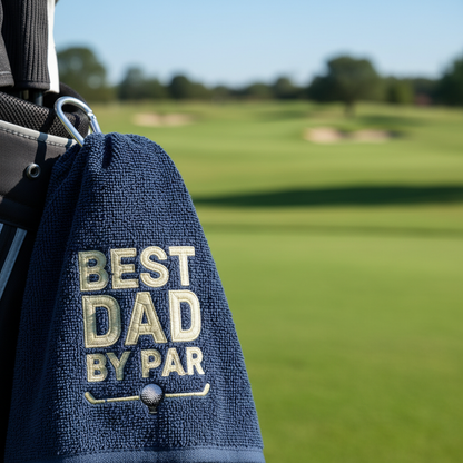 Premium embroidered golf towel clipped to golf bag on course