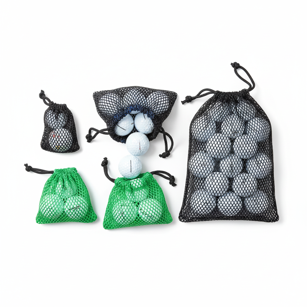 Multiple mesh golf ball pouches flat lay on white background