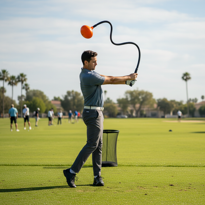 Golfer using weighted swing trainer on driving range