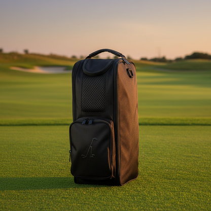 Black zippered golf shoe bag on golf course showing ventilation and pocket