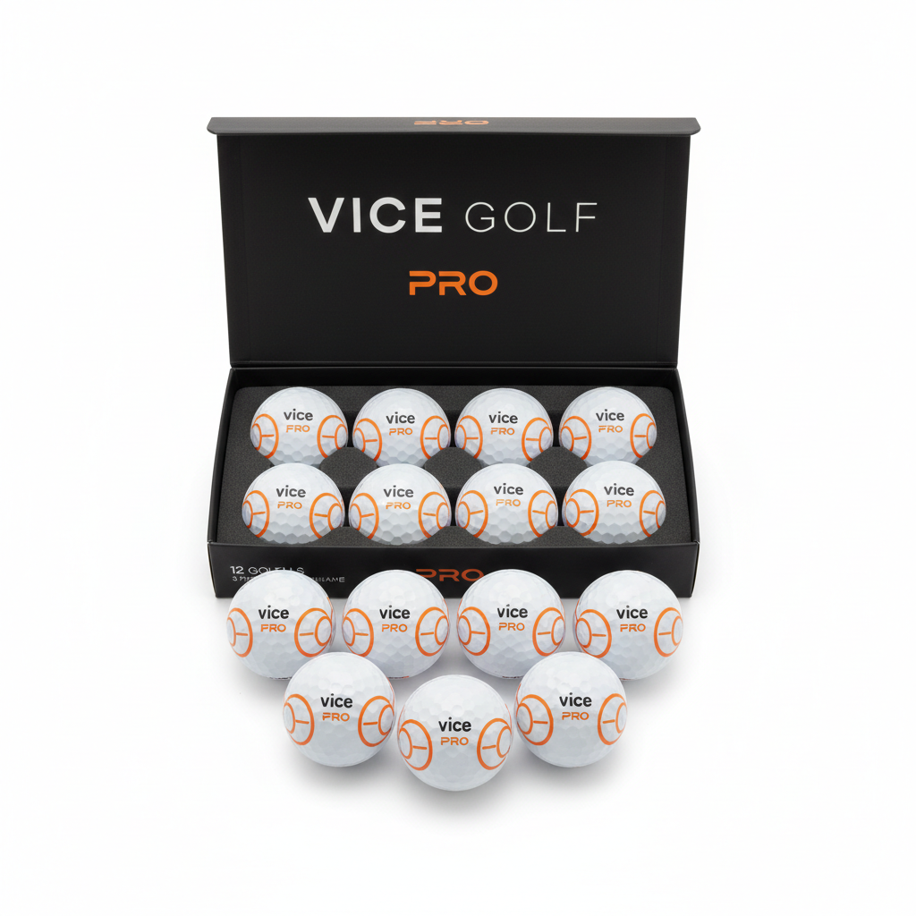 Vice Pro golf balls dozen box flat lay on white background