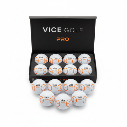 Vice Pro golf balls dozen box flat lay on white background