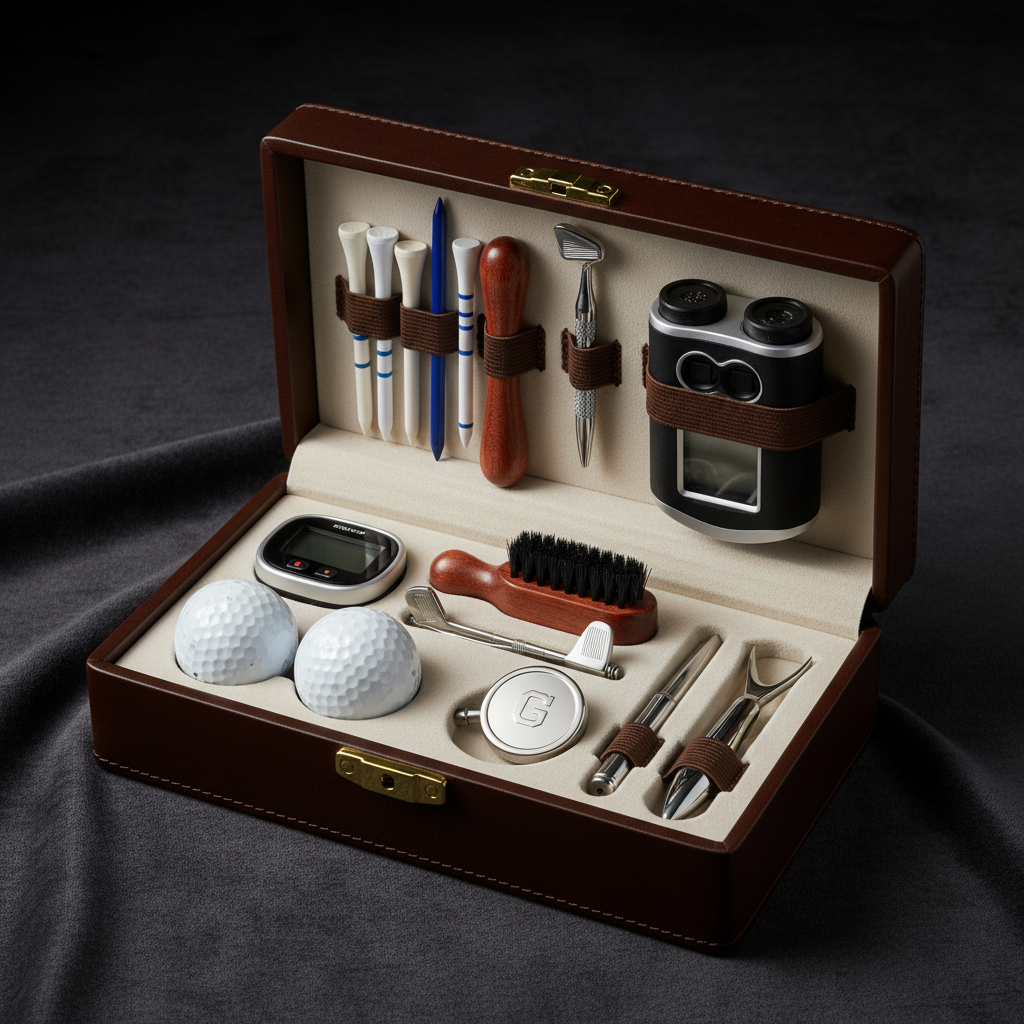 Premium golf accessories set in open leather case showing all items
