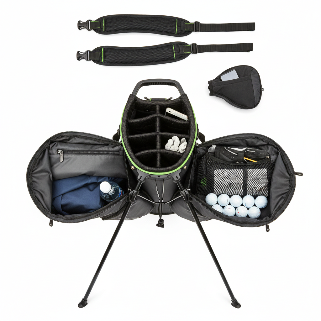Golf stand bag flat lay showing all pockets and dual straps