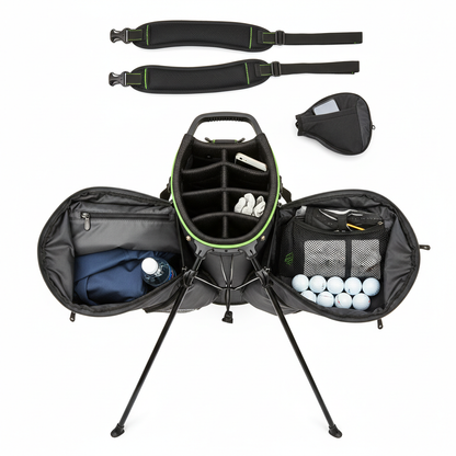 Golf stand bag flat lay showing all pockets and dual straps