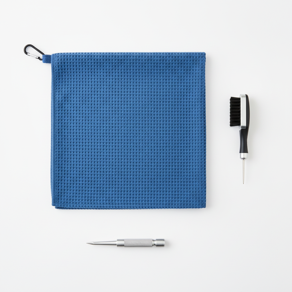 Flat lay of complete waffle towel and brush kit on white background