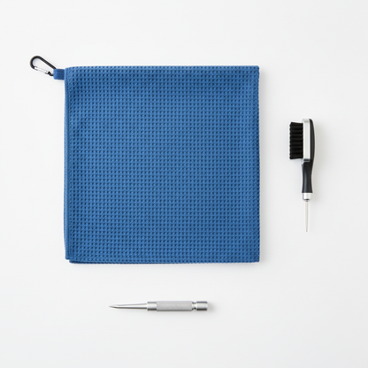 Flat lay of complete waffle towel and brush kit on white background