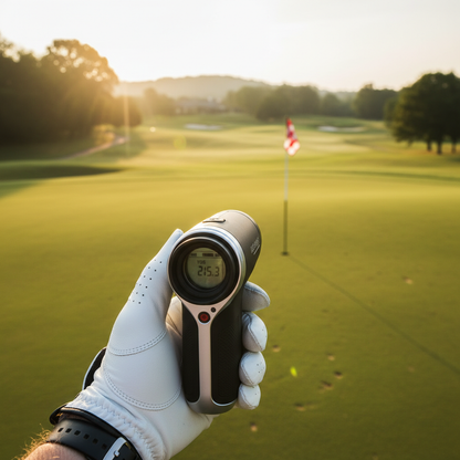 Golfer using laser rangefinder targeting flagstick at golden hour