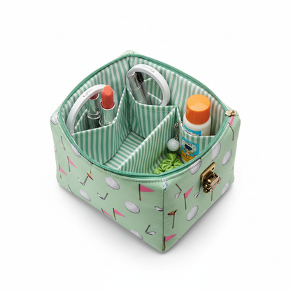 Golf-themed makeup bag open showing interior compartments with cosmetics