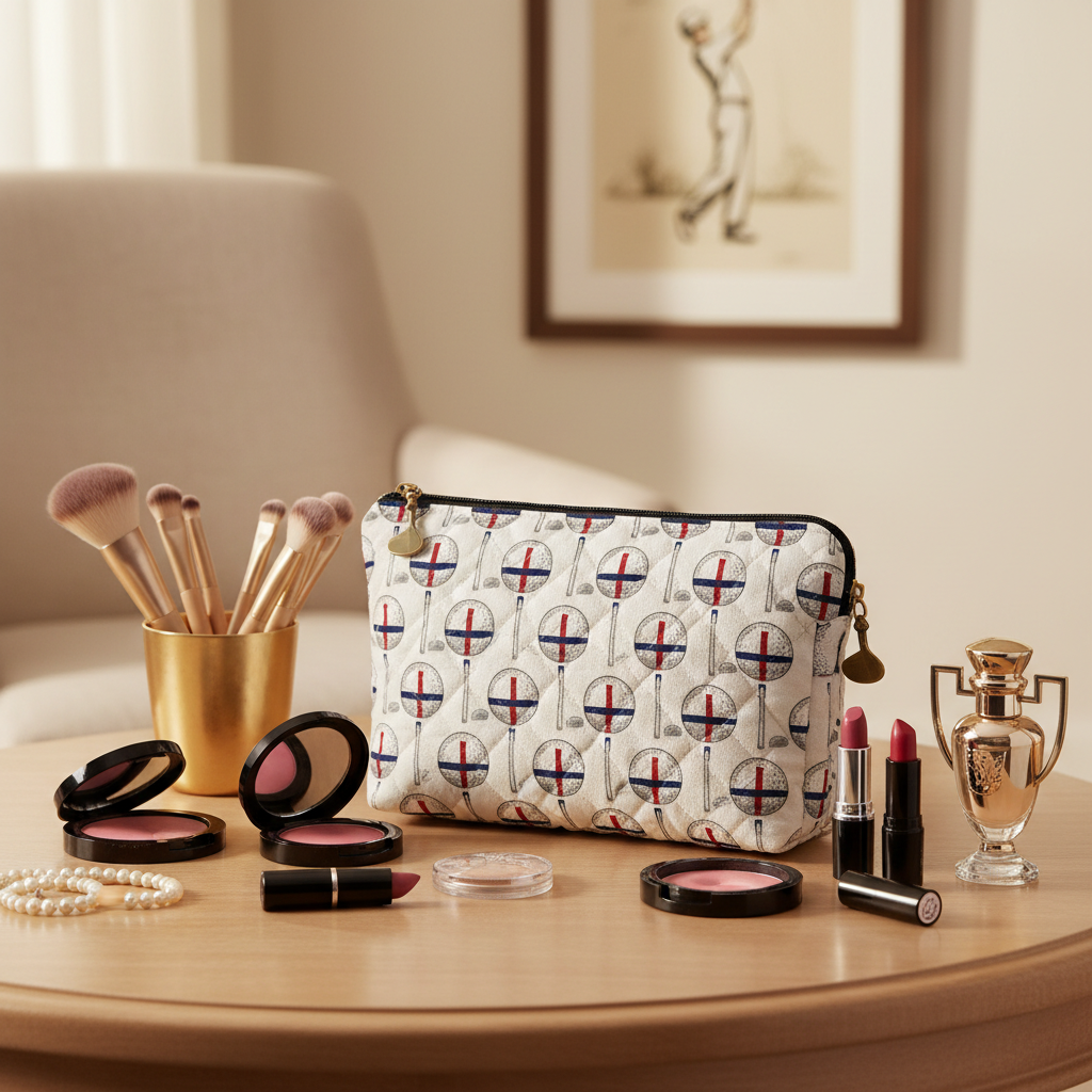Golf-themed makeup organizer bag on vanity with makeup items