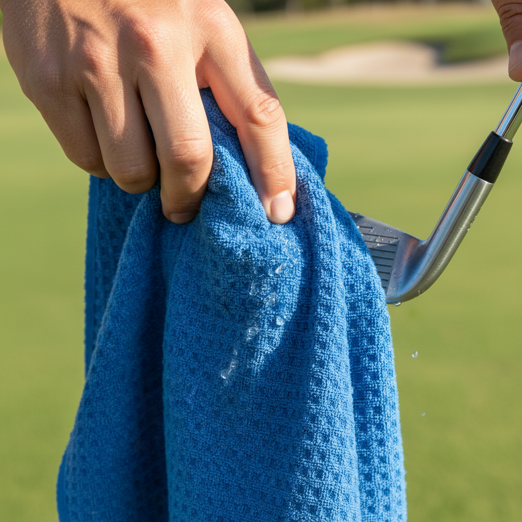 Golfer cleaning club with waffle microfiber towel on course