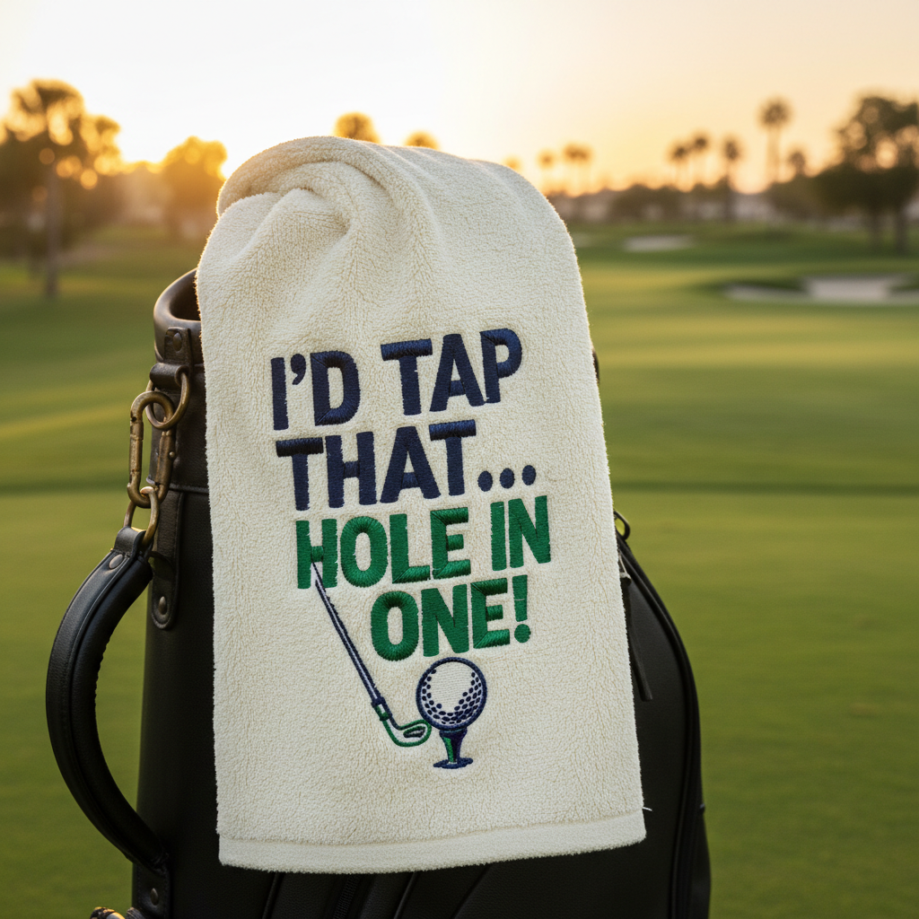 Funny embroidered husband golf towel on golf bag on course